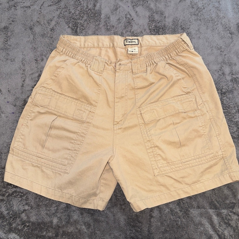 Talos Mens Khaki Cargo Shorts Size 38 Tan Cotton Elastic Waist‎ Utility Outdoor